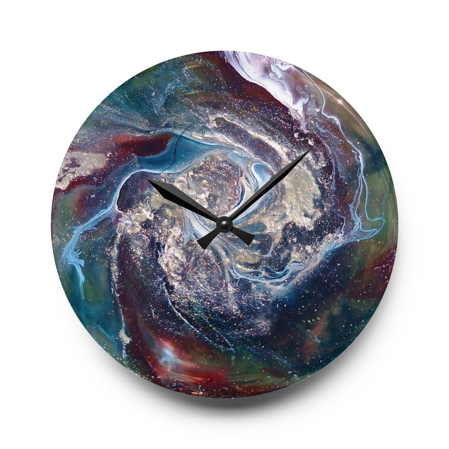 Round wall clock with a colorful abstract design on a white background