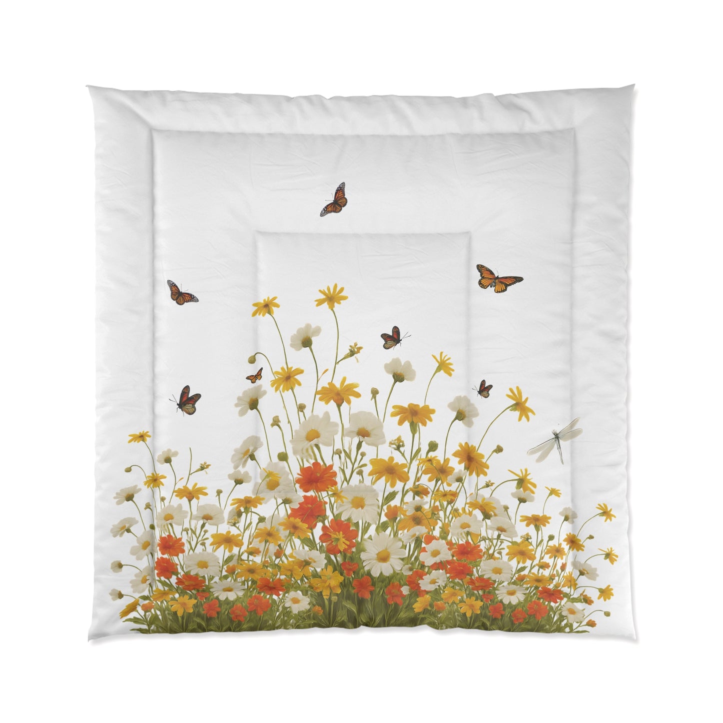 Decorative custom comforter with yellow and orange flowers with butterflies design on a white background