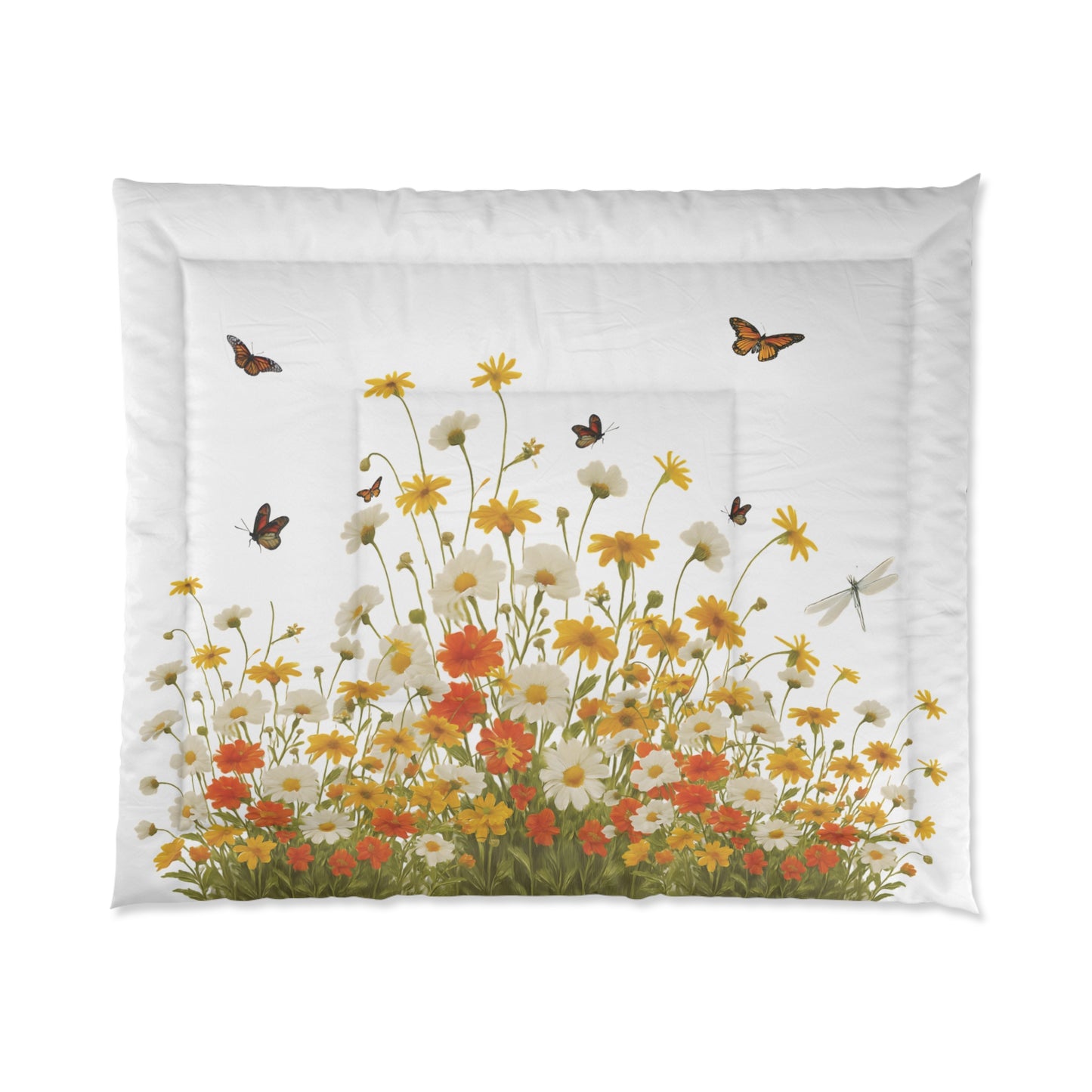 King Size floral design comforter with butterflies, a dragon fly and flowers on a white background