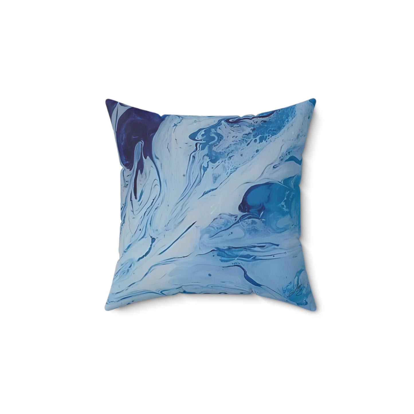 Decorative pillow with blue abstract pattern on a white background