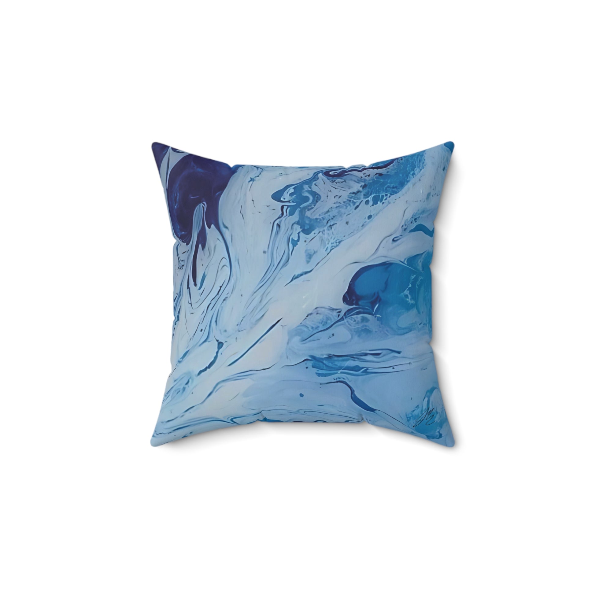 Decorative pillow with blue abstract pattern on a white background