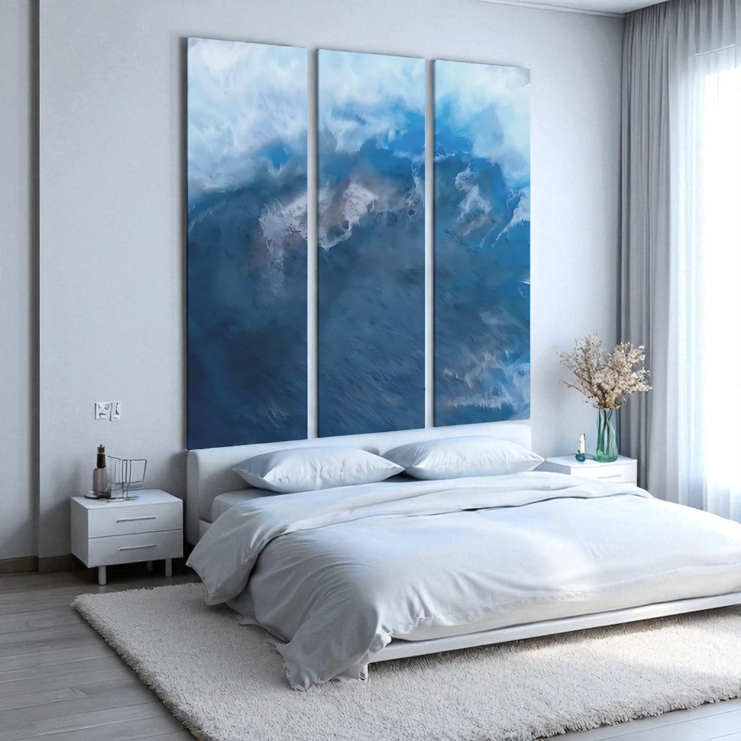 Modern bedroom with a large abstract wall art piece above the bed.
