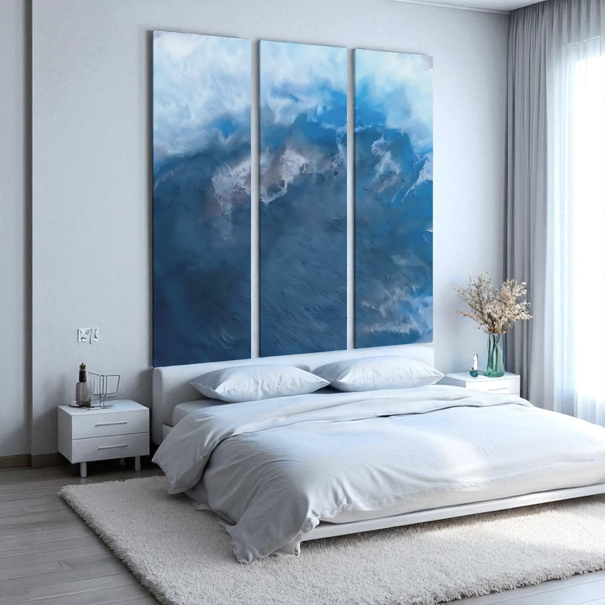 Modern bedroom with a large abstract wall art piece above the bed.