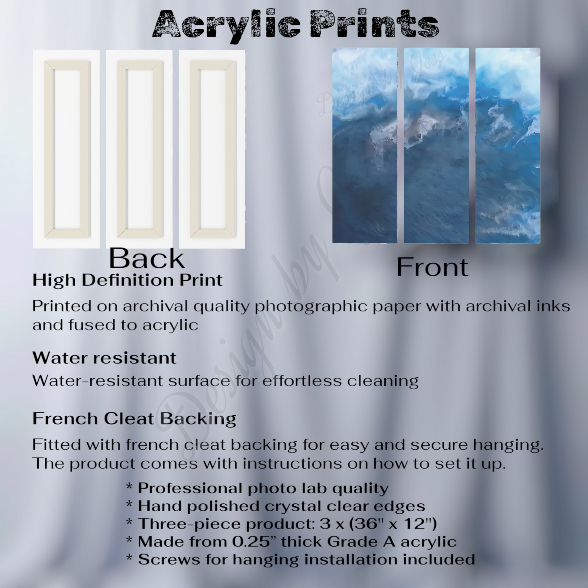 Acrylic prints with specifications on a gray background