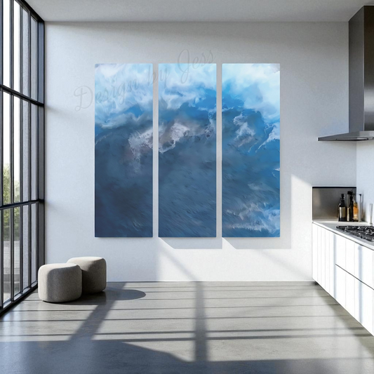 Modern kitchen with a large abstract painting of mountains on the wall.