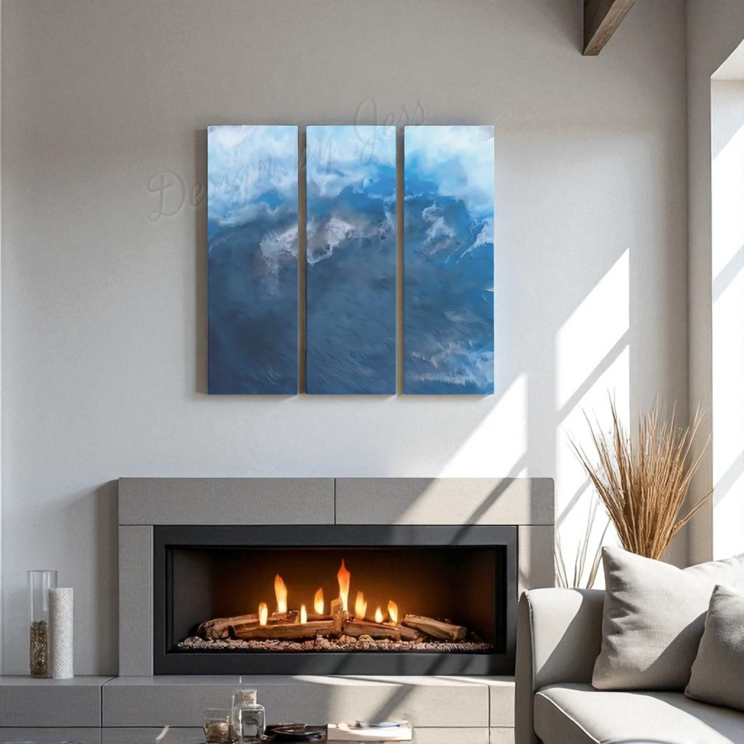 Modern living room with a fireplace and abstract blue artwork on the wall.