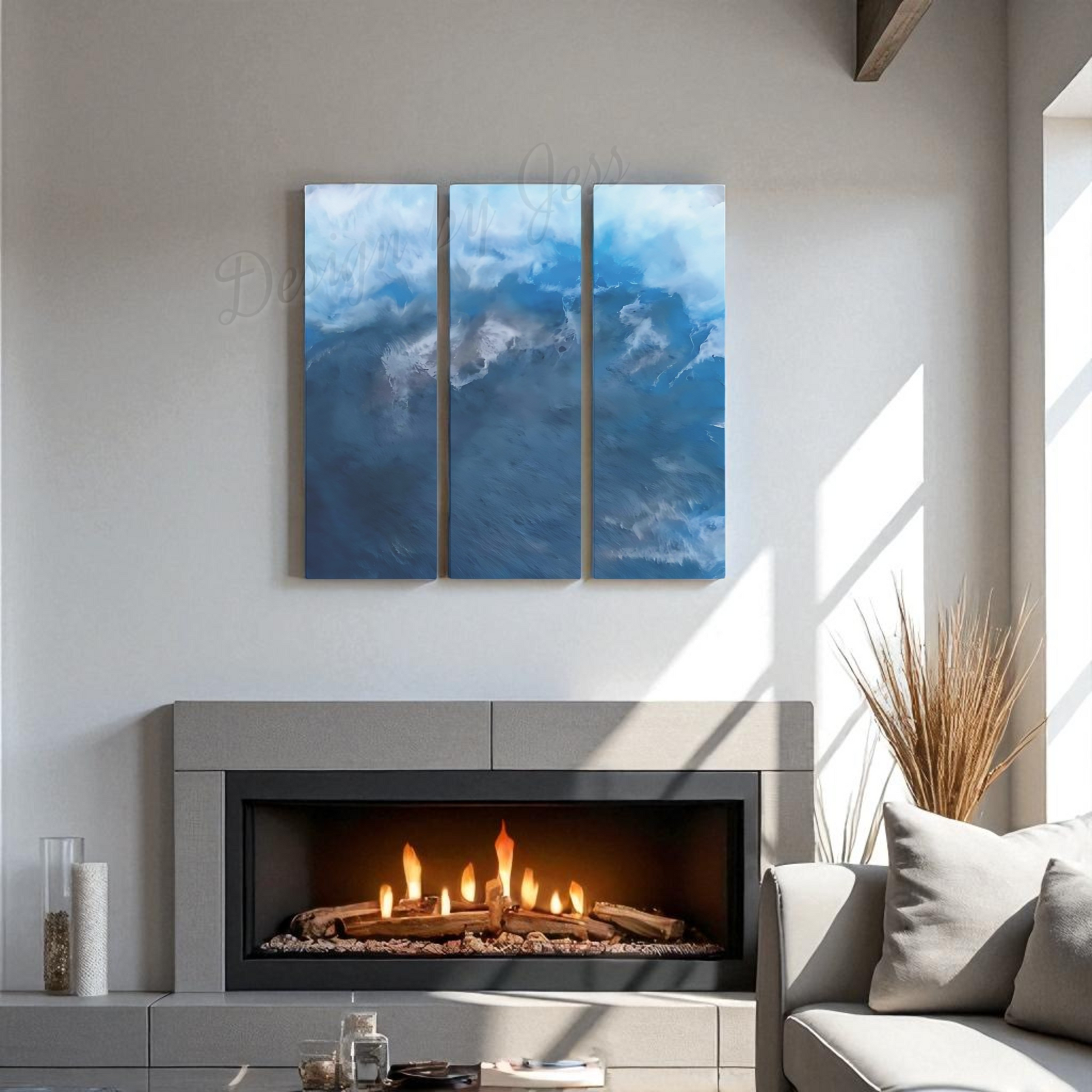 Modern living room with a fireplace and abstract blue artwork on the wall.
