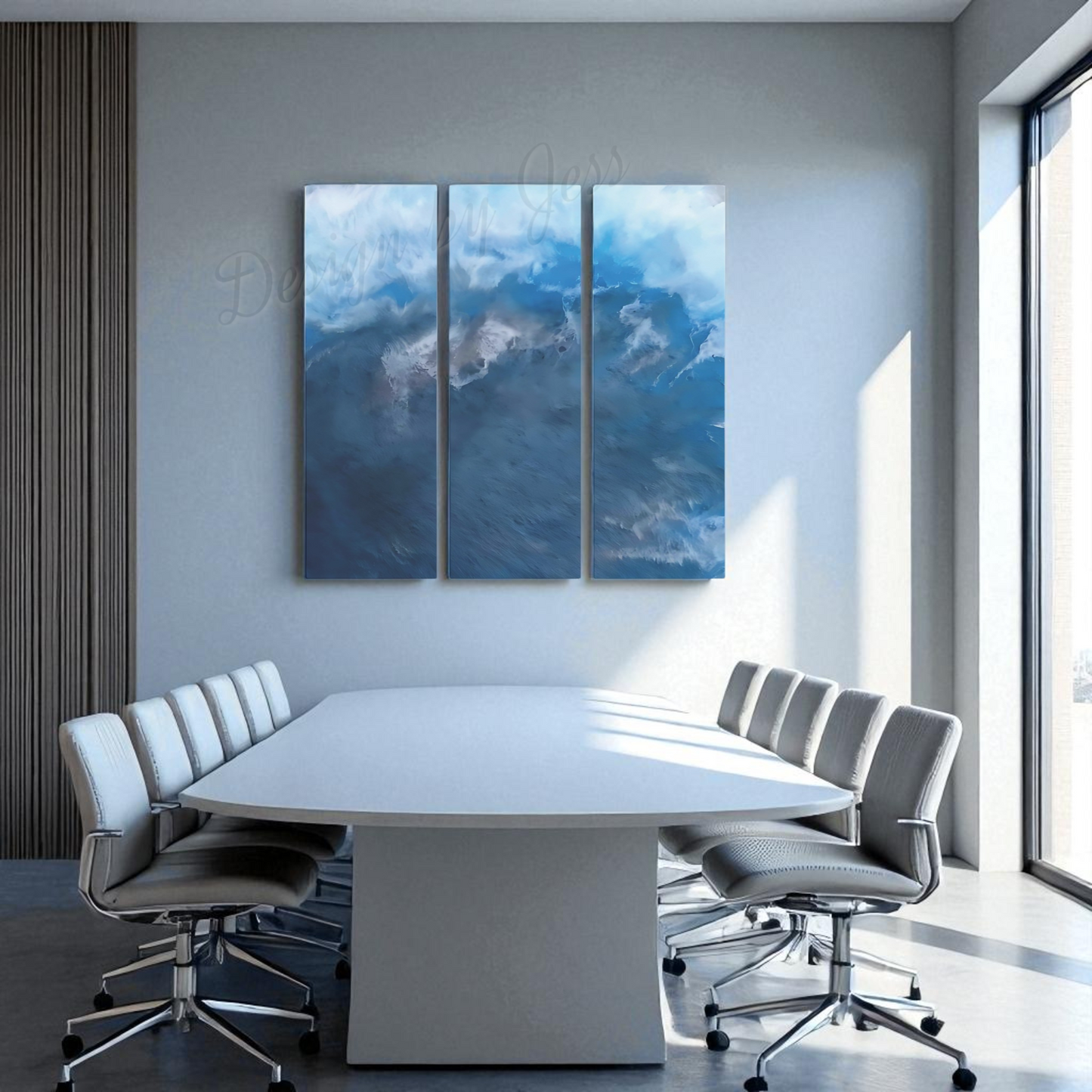 Modern conference room with a large white table and gray chairs, featuring three blue abstract paintings on the wall.