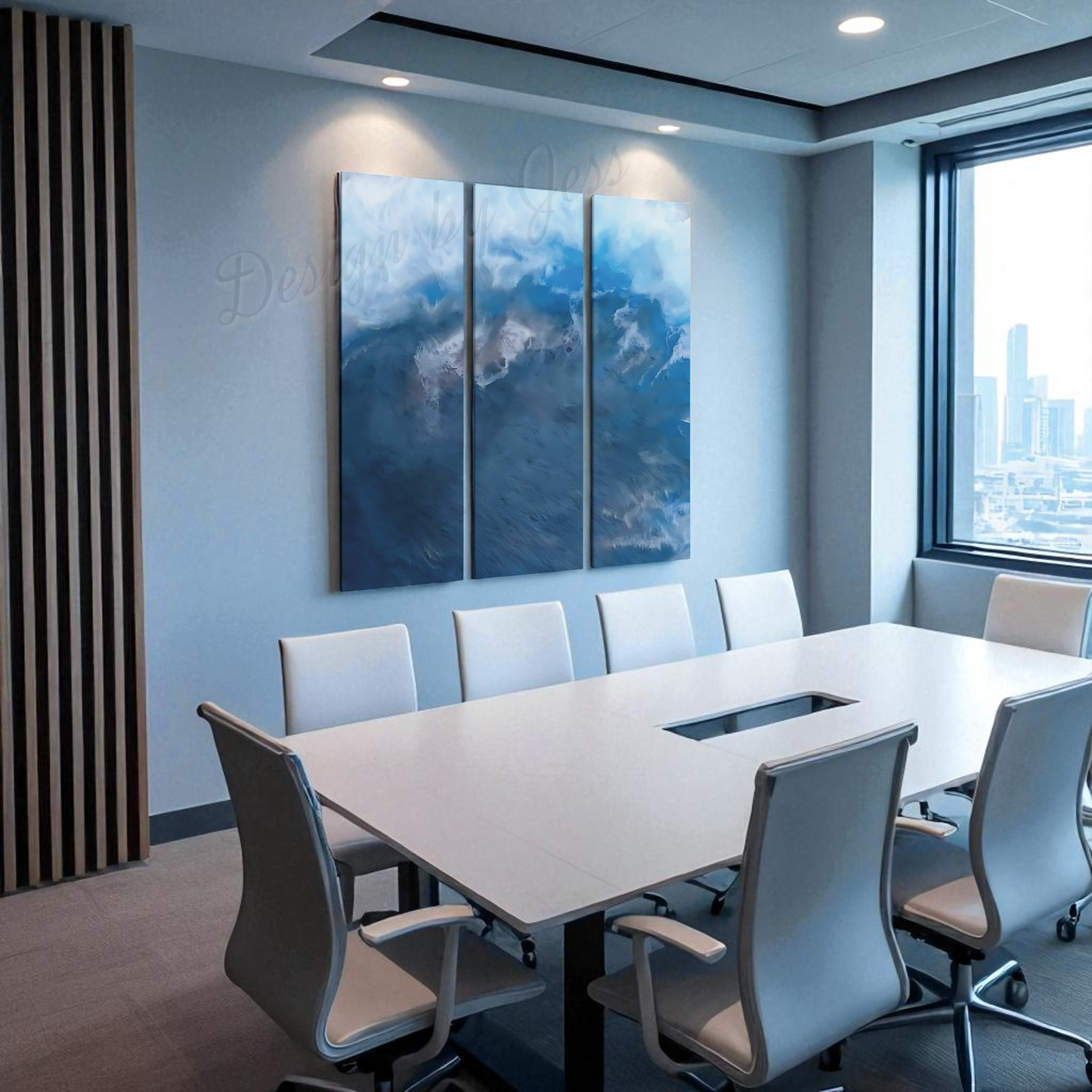 Modern conference room with a large table and chairs, featuring a mountain painting on the wall.