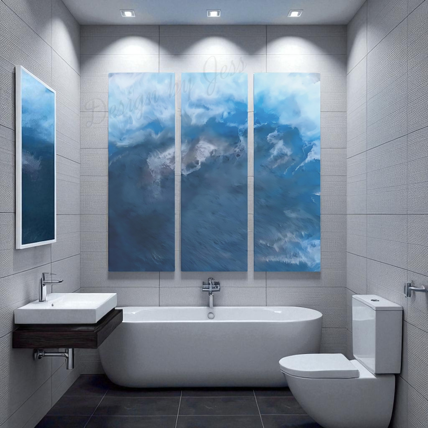 Modern bathroom with a large bathtub and wall art depicting blue ocean waves.