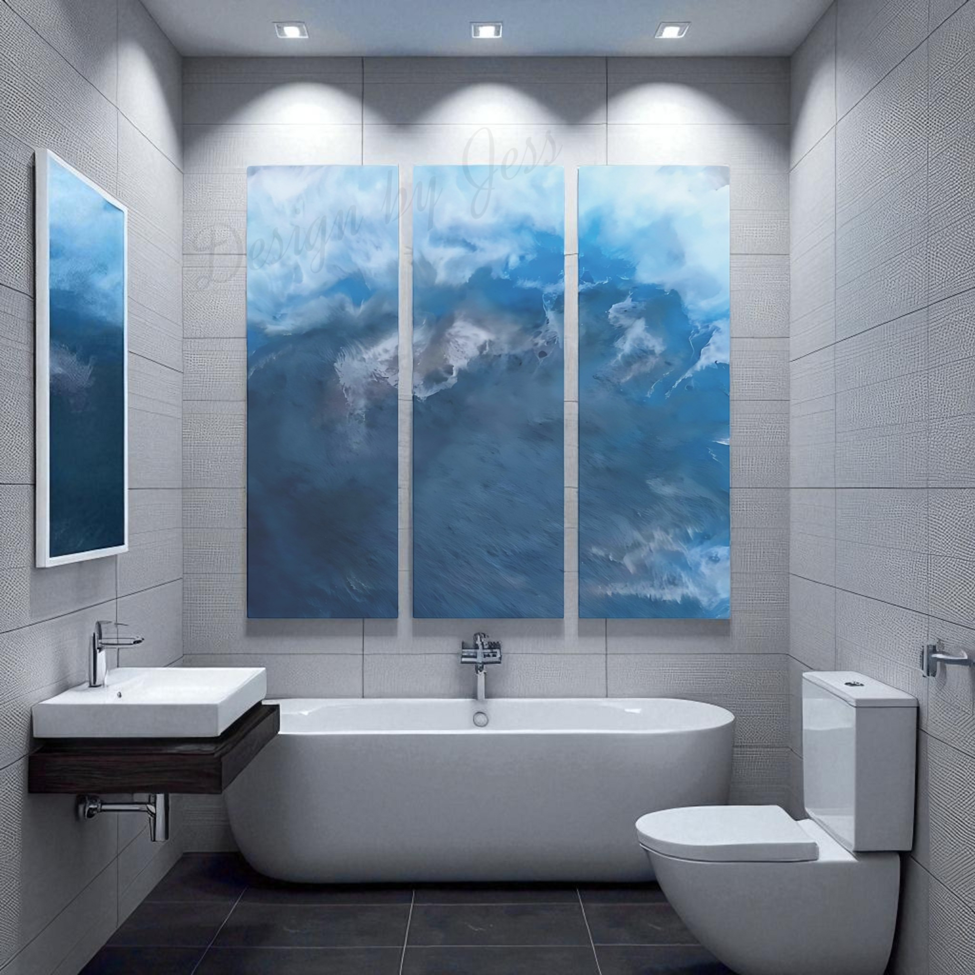 Modern bathroom with a large bathtub and wall art depicting blue ocean waves.