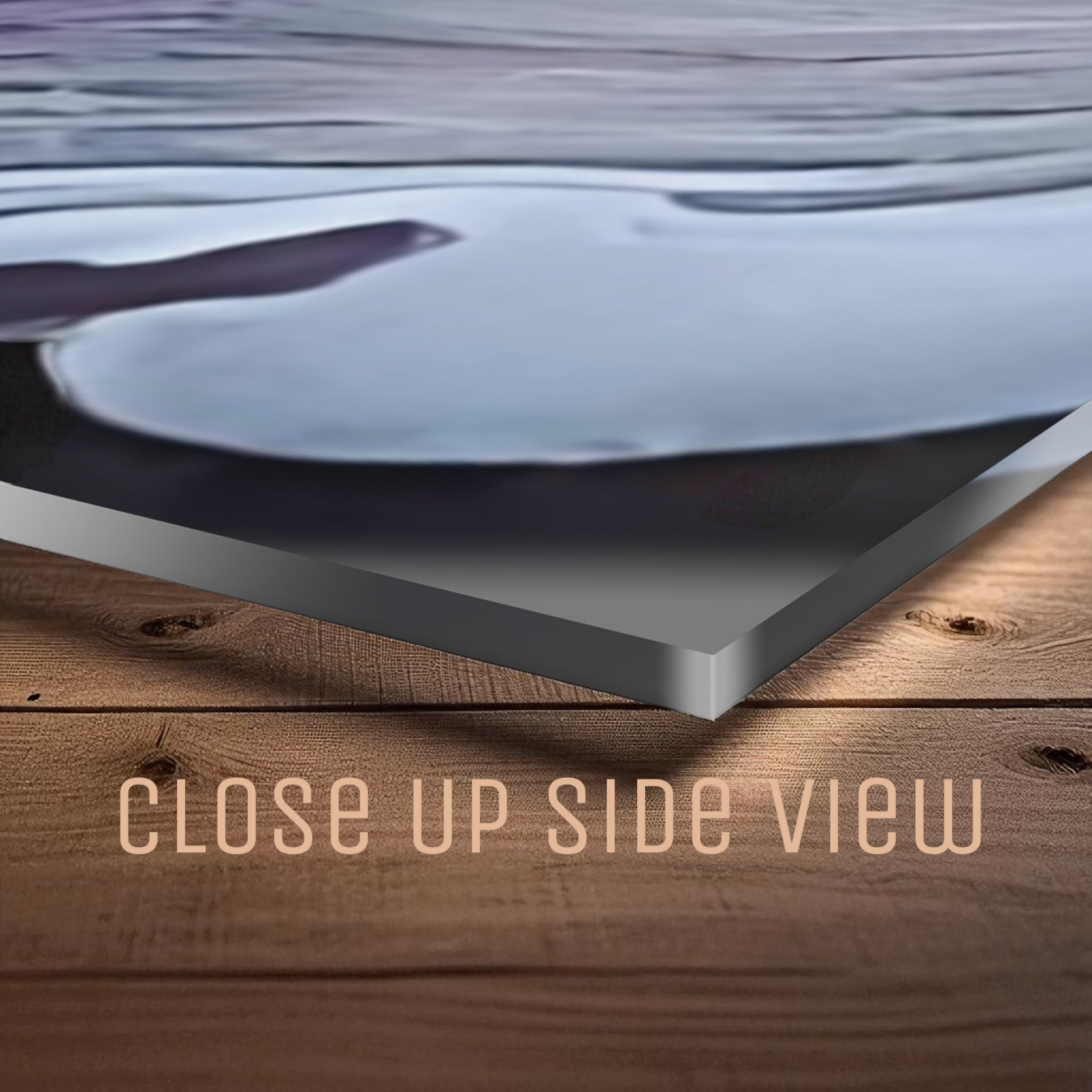 Close-up side view of acrylic abstract art on a wooden surface with text. overlay.