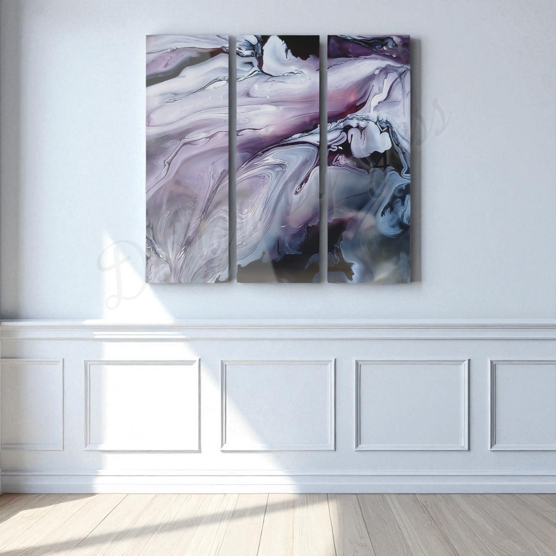 Abstract art piece on a wall with wainscoting