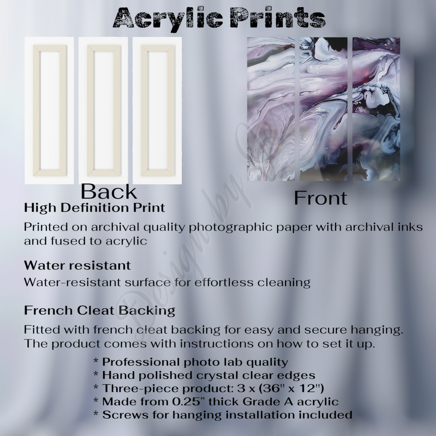 Acrylic print product description with sample print and specifications.