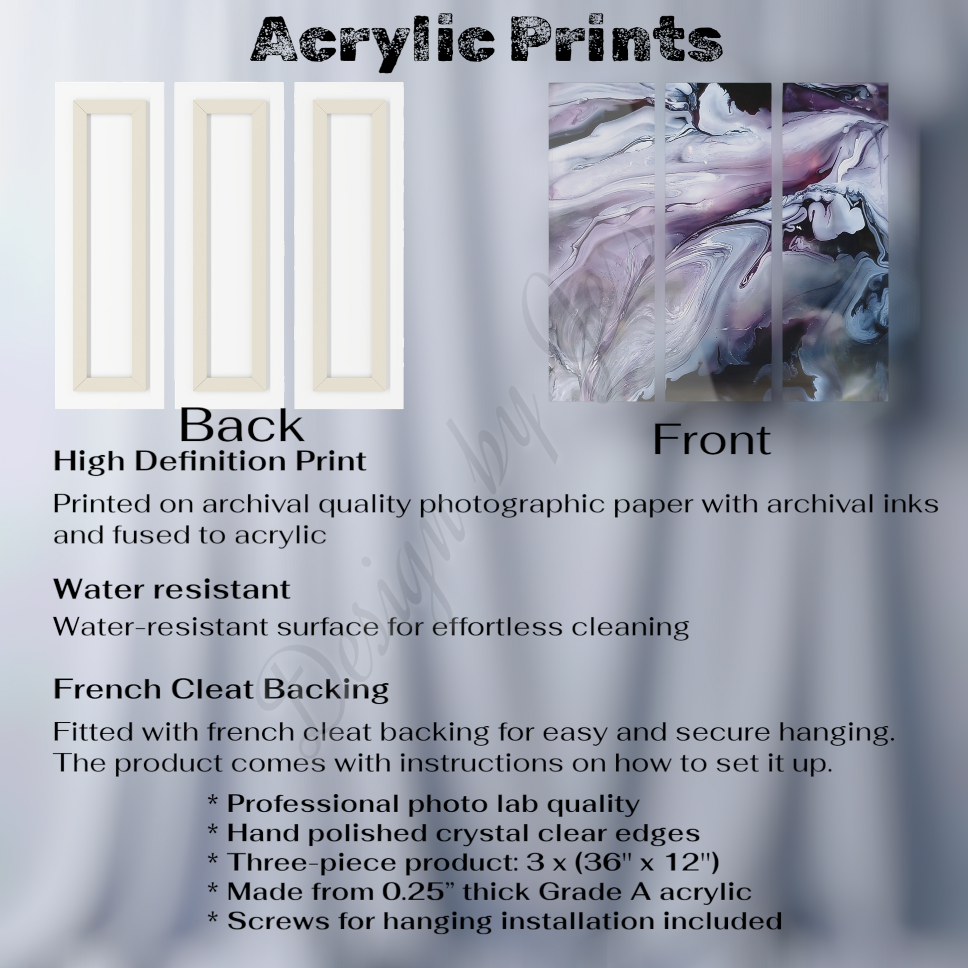 Acrylic print product description with sample print and specifications.