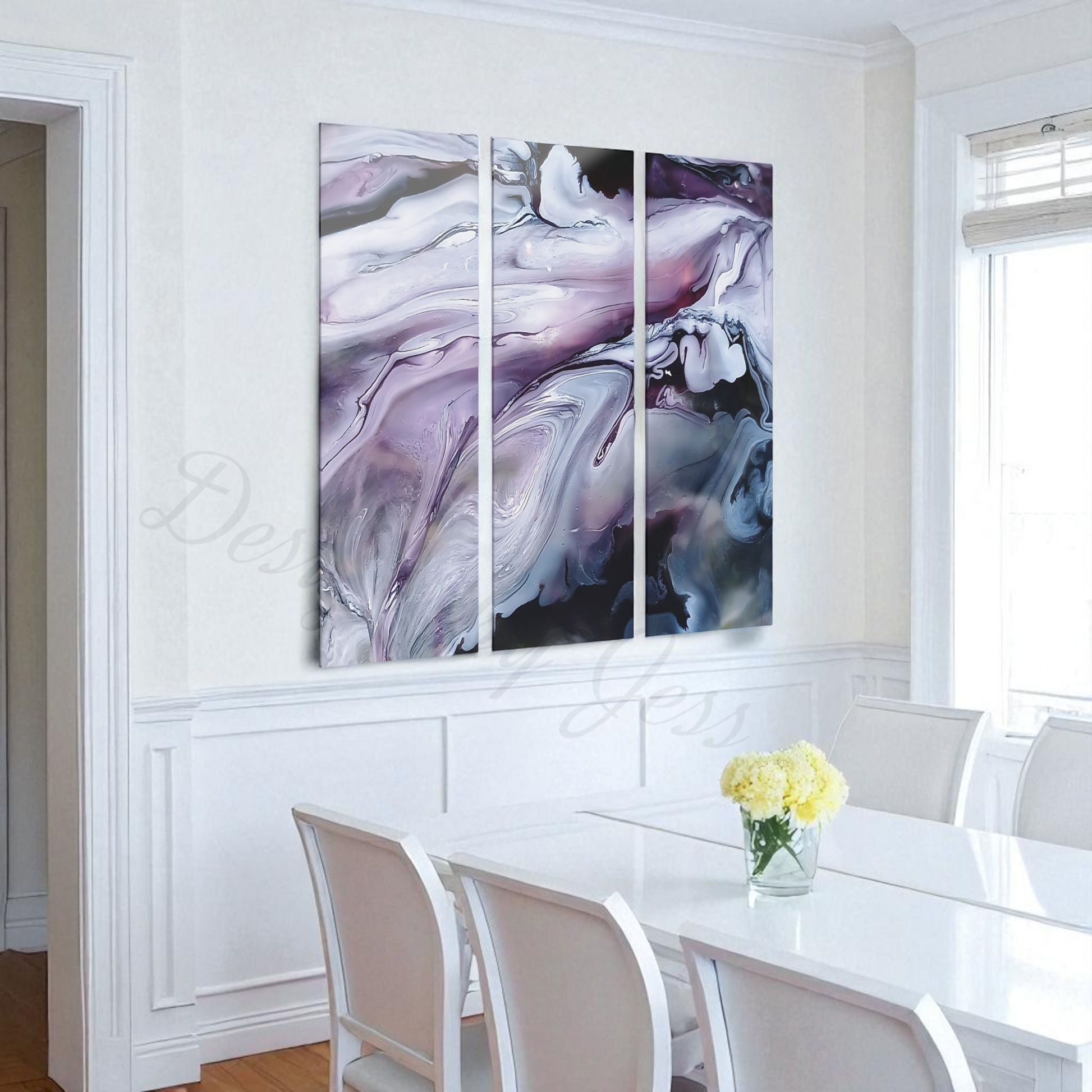 Three panel purple abstract paintings in a modern dining room setting.