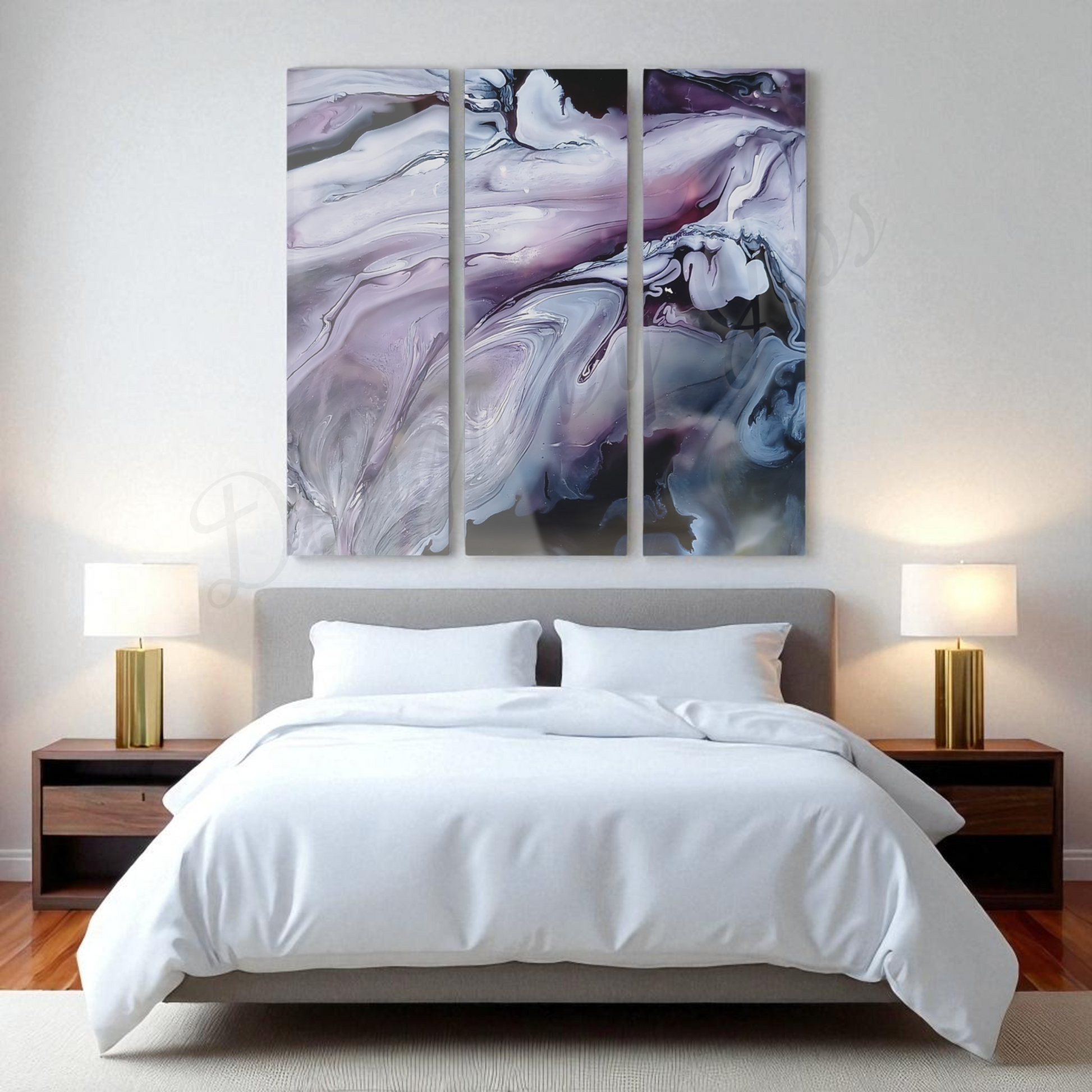 Modern bedroom with a large abstract painting above a bed.