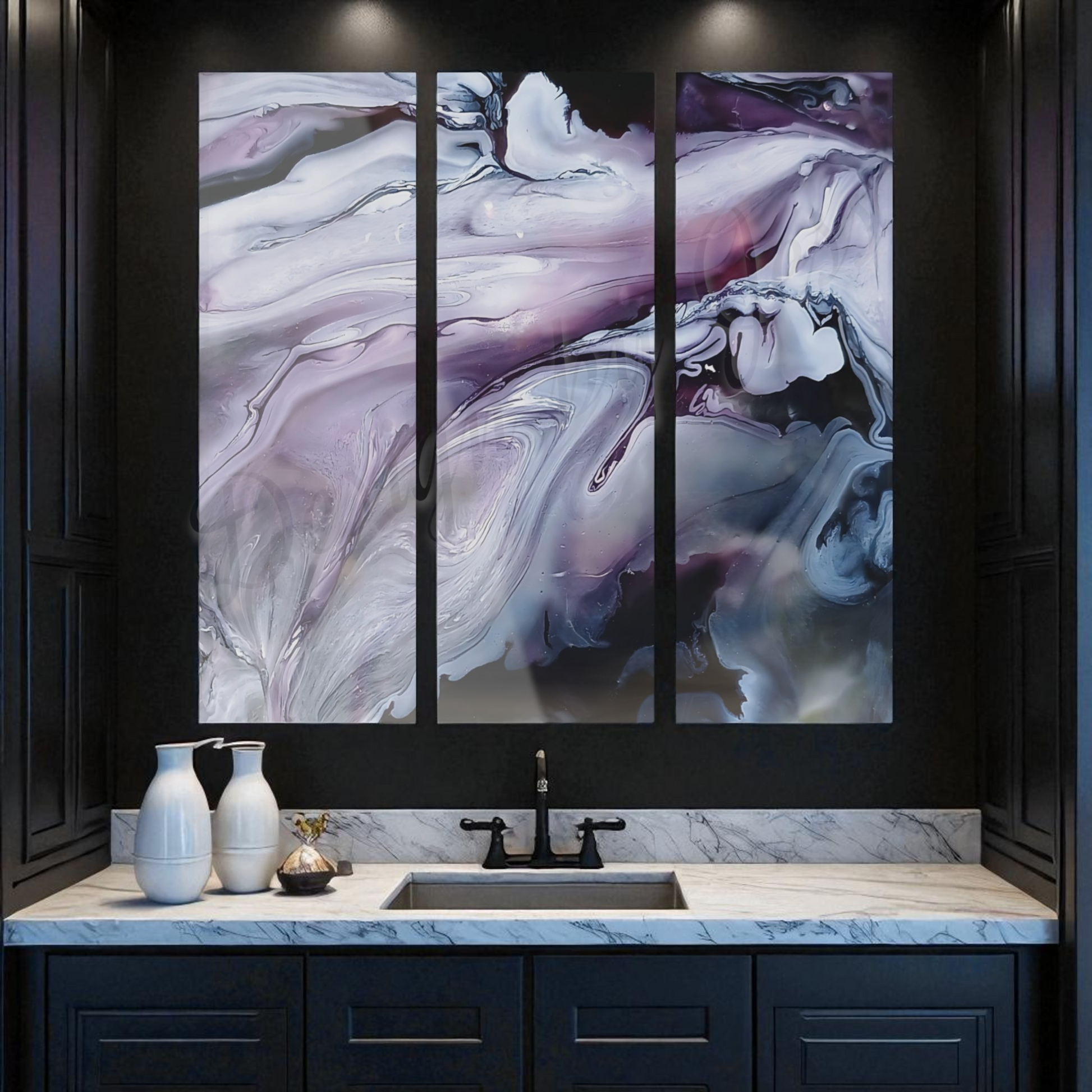 Abstract art piece on a wall above a bathroom sink with dark cabinets.