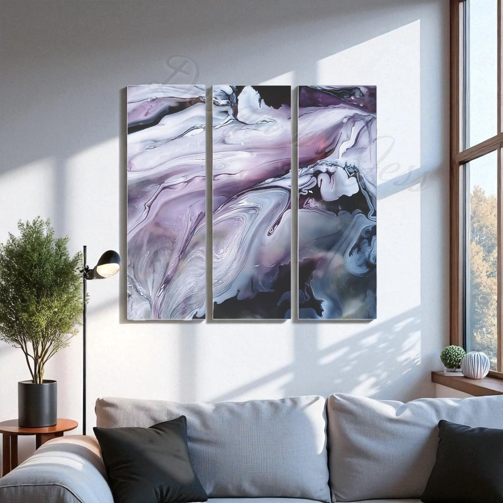Abstract art piece on a wall in a living room with a couch and lamp.