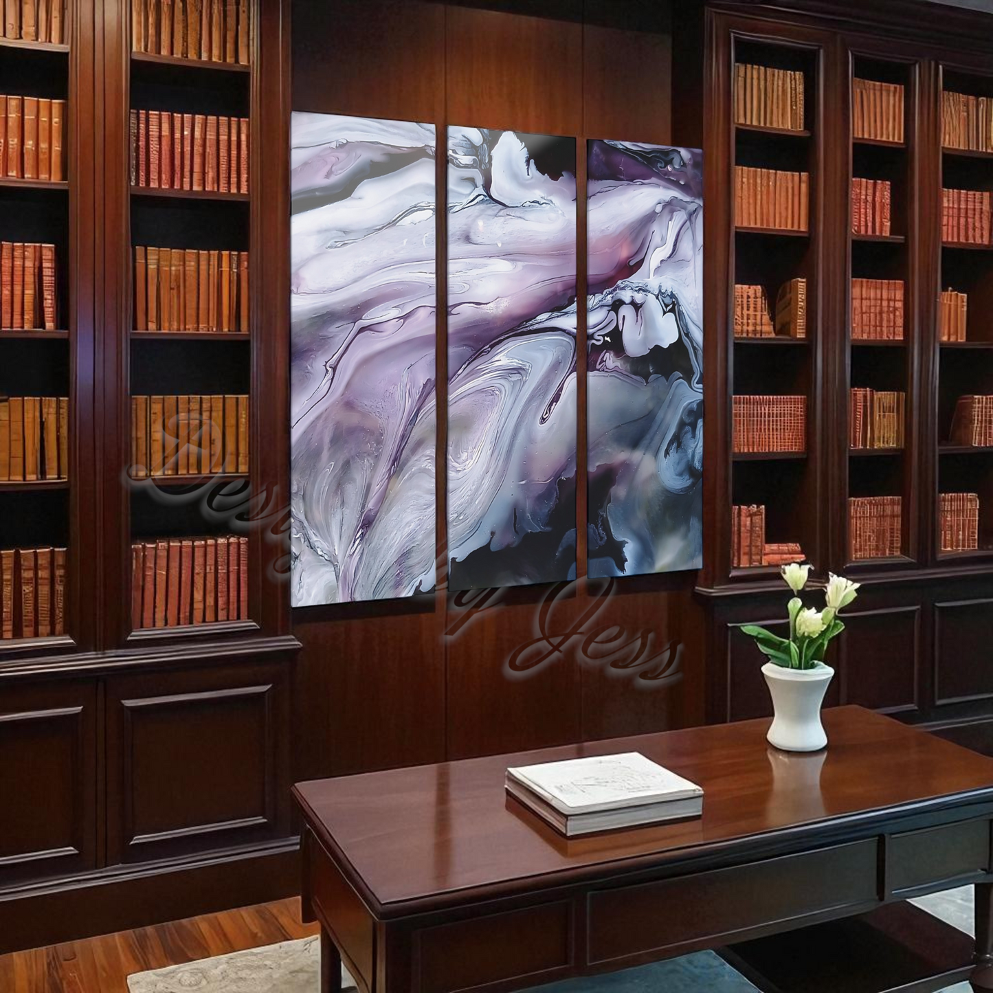 Abstract art installation between wooden bookshelves with a table and vase in the foreground.