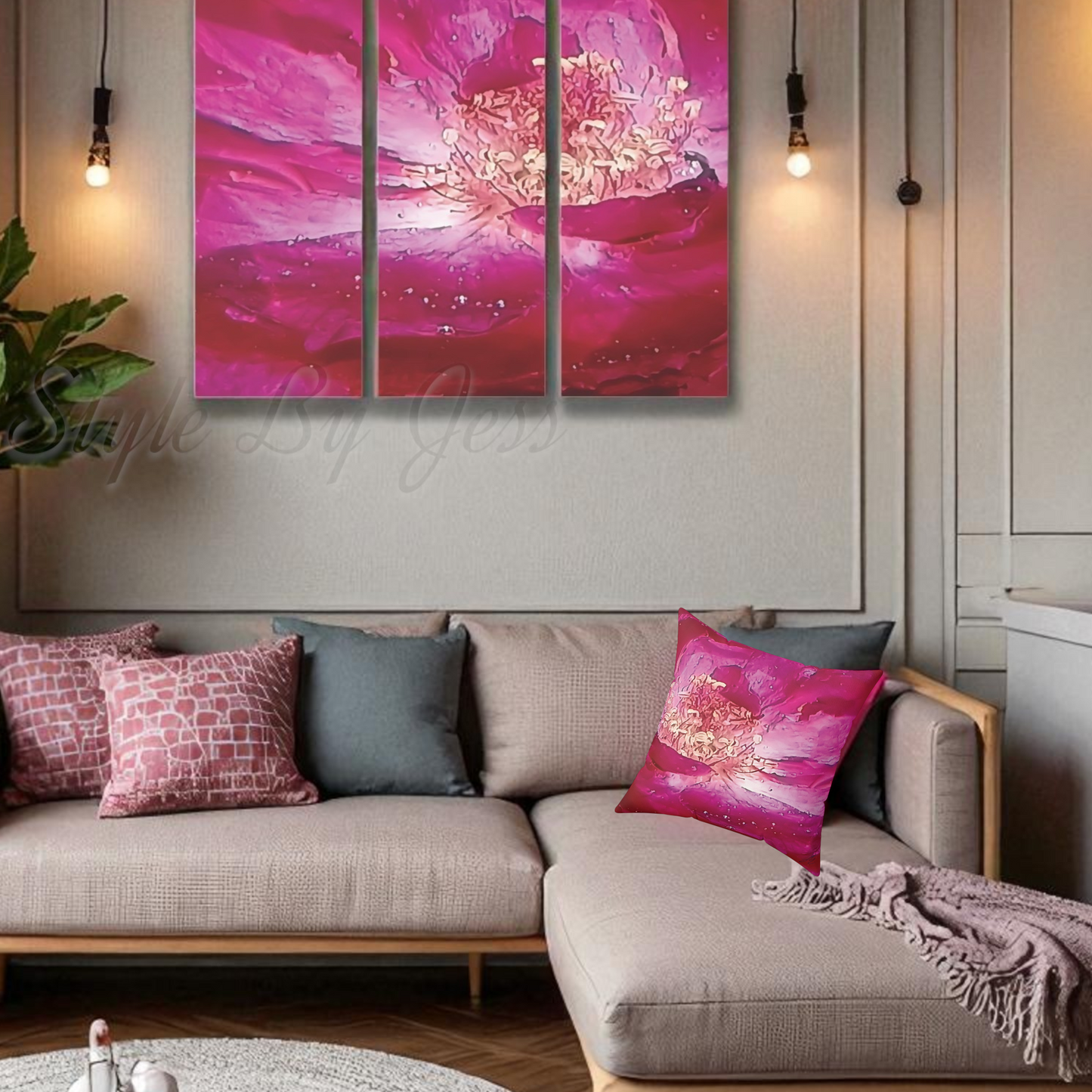 Wild Rose Decorative Throw Pillow – Pink Floral Faux Suede Cushion, Boho Botanical Art by Style by Jess