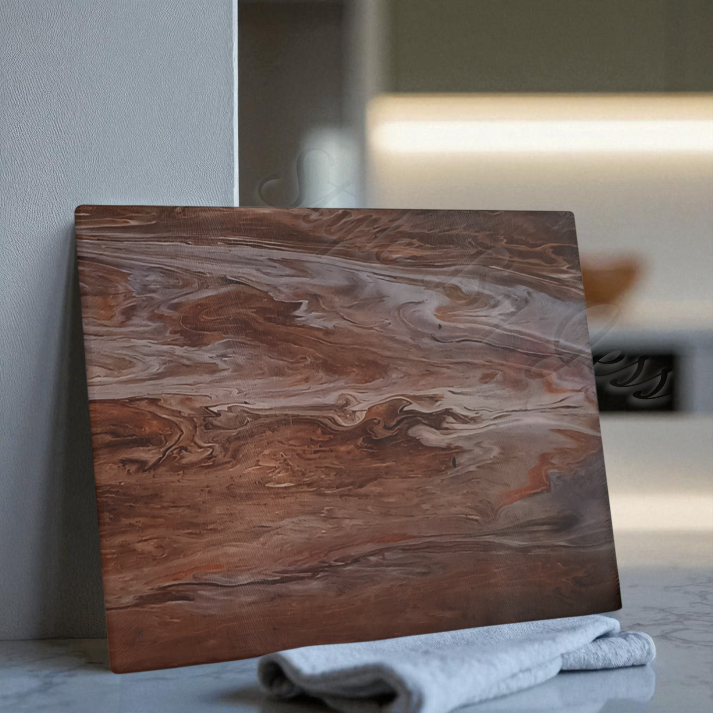 Glass cutting board with marble-like pattern on a surface