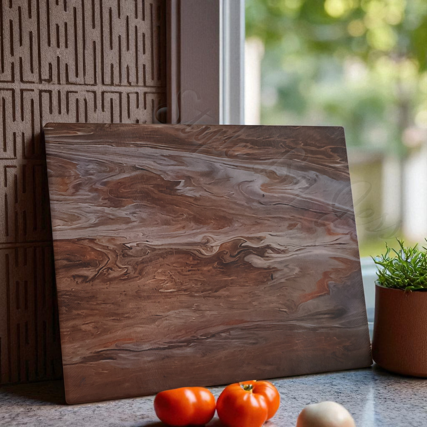 Glass cutting board with marbled pattern on a kitchen counter with tomatoes and an onion.