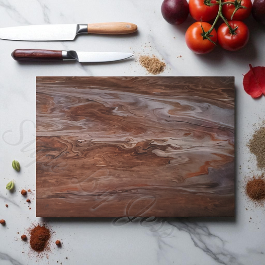 Tempered glass cutting board with marbled wood image on a marble surface with tomatoes and knives.
