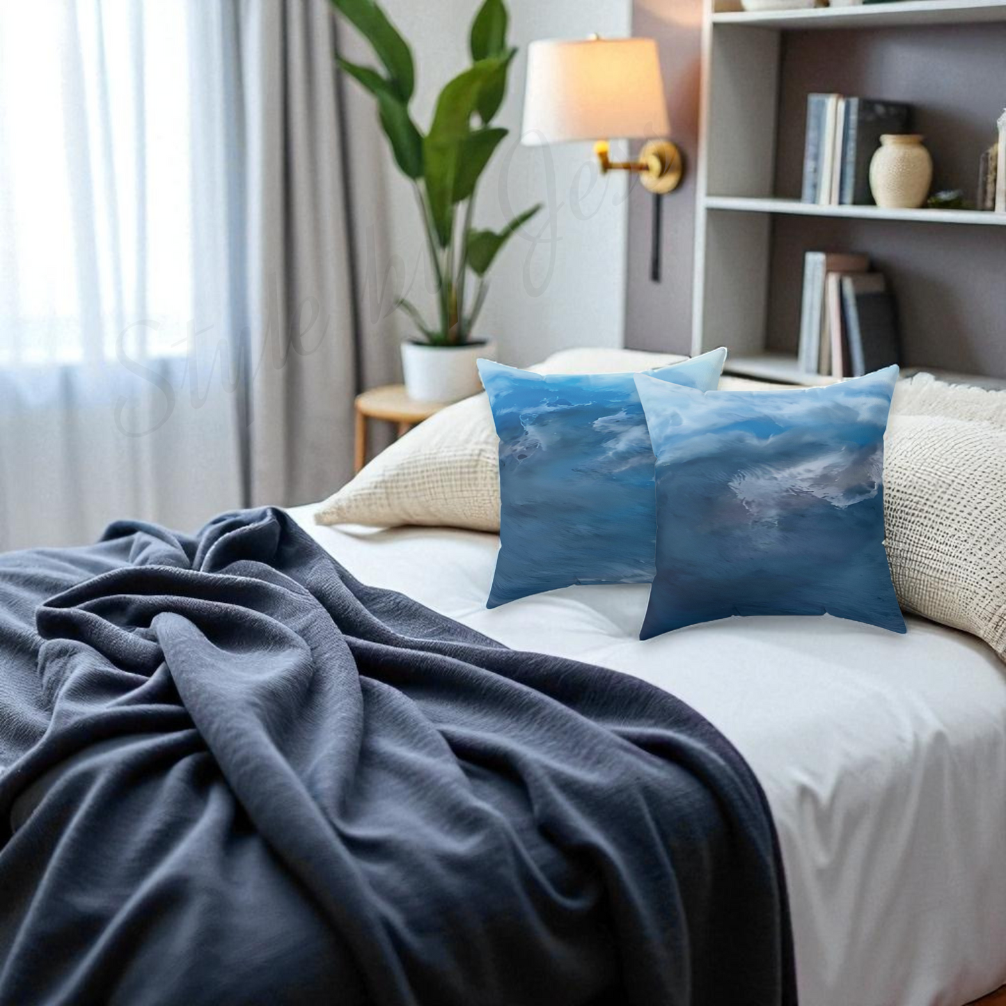 Bed with blue pillows and a blanket in a bedroom setting