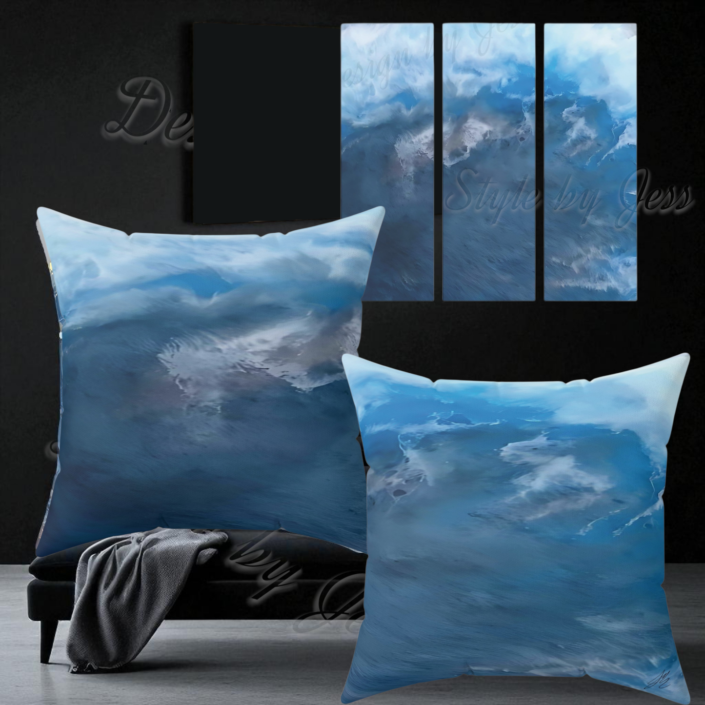 Two pillows with cloud design on a dark background