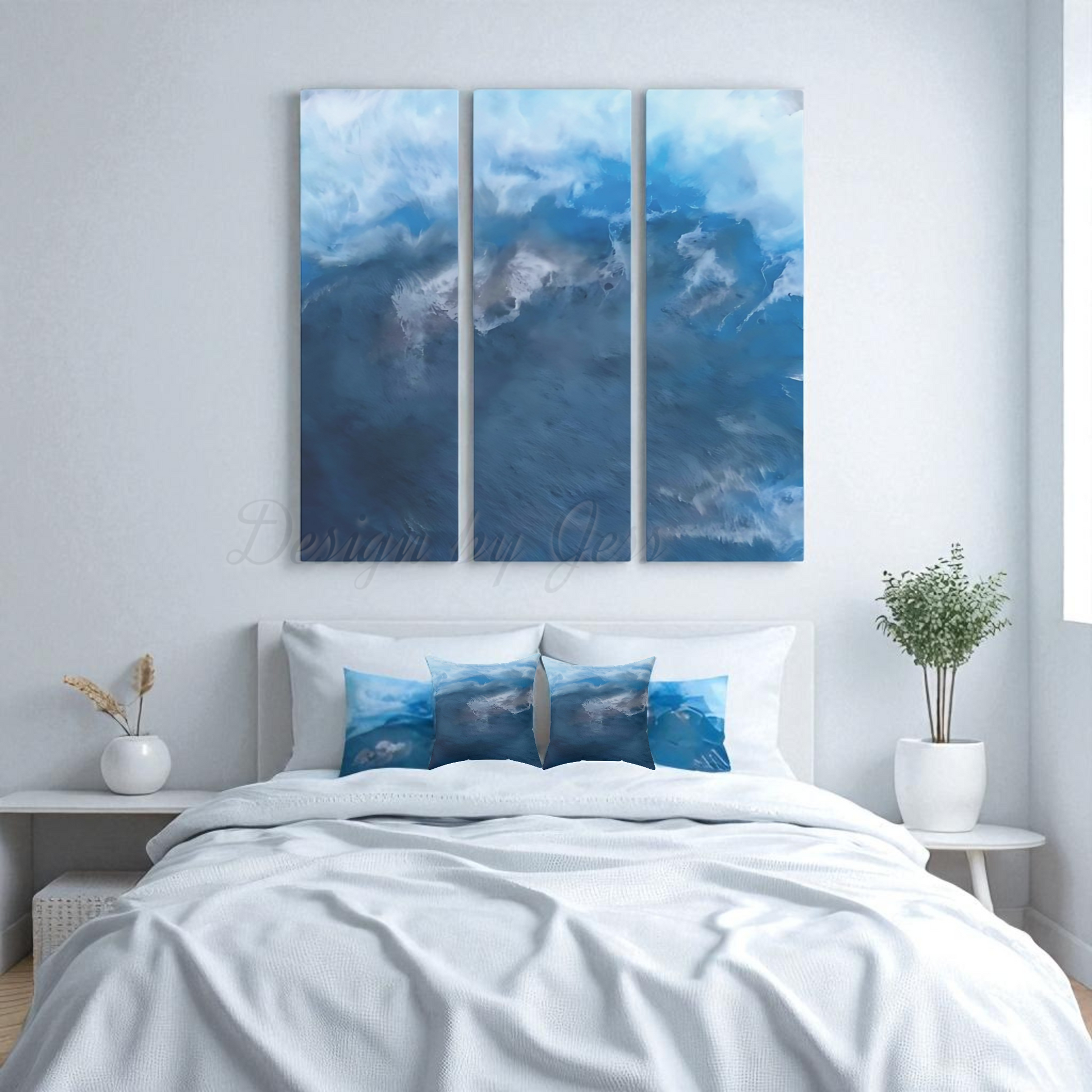 Bedroom with ocean themed large abstract wall art piece above the bed four matching throw pillow on the bed.