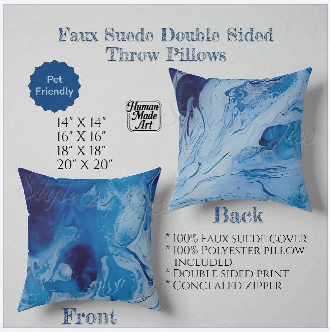 Faux suede double-sided throw pillows with blue and white design on a gray background, featuring product details.