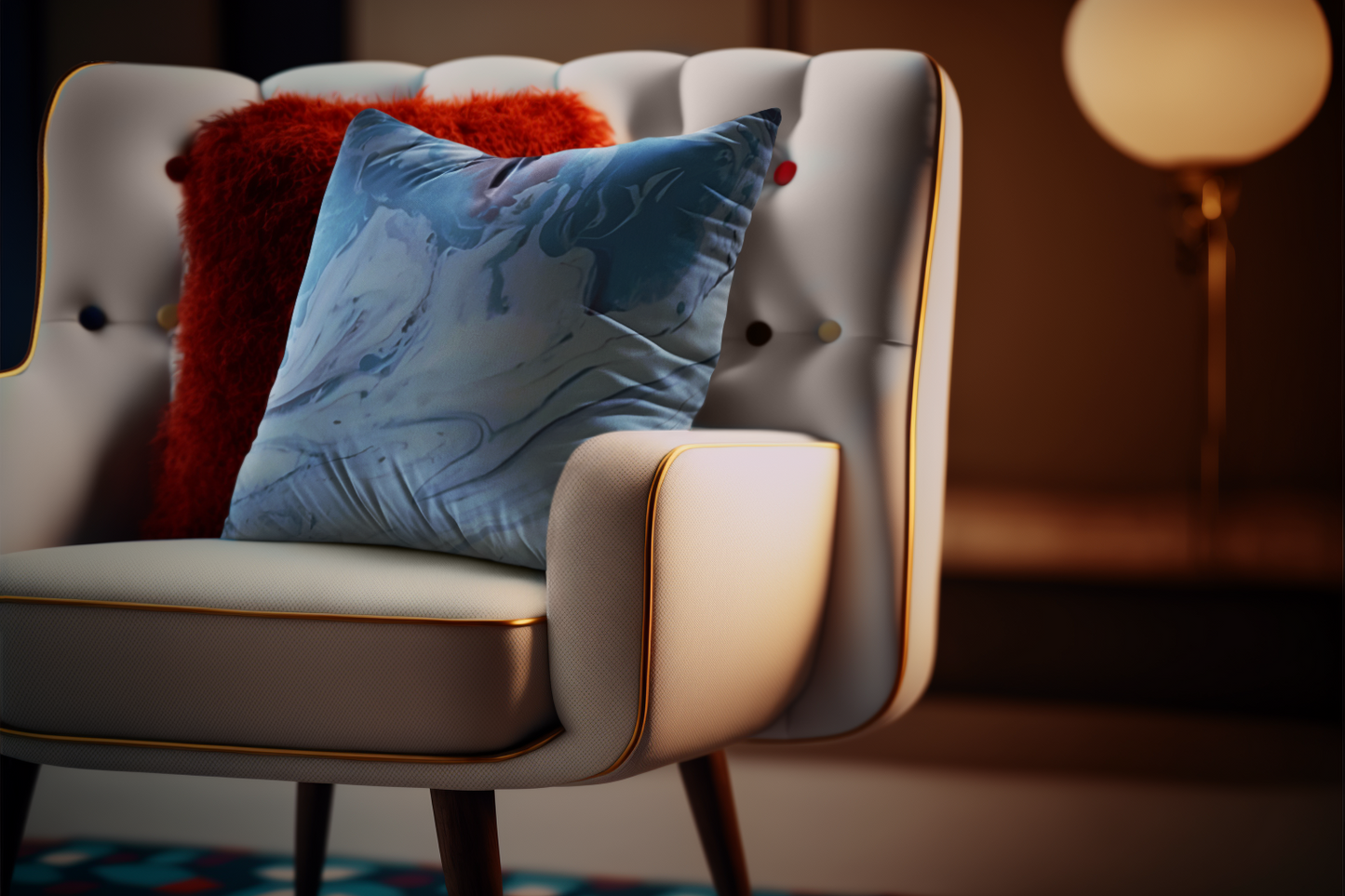 White armchair with blue and red cushions in a softly lit room