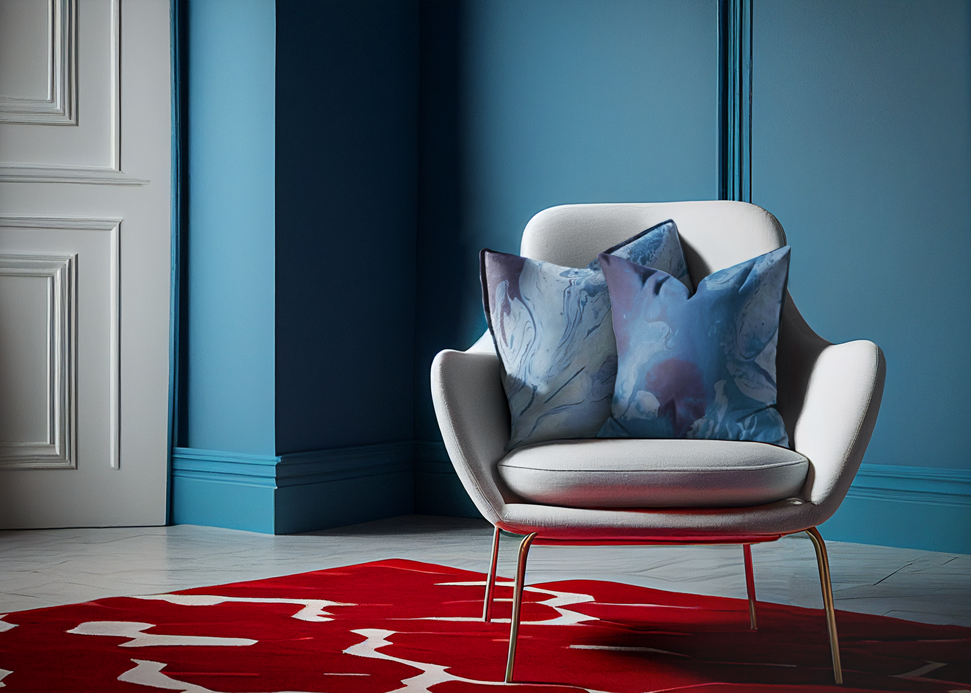 Modern chair with blue pillows against a blue wall with white baseboards.