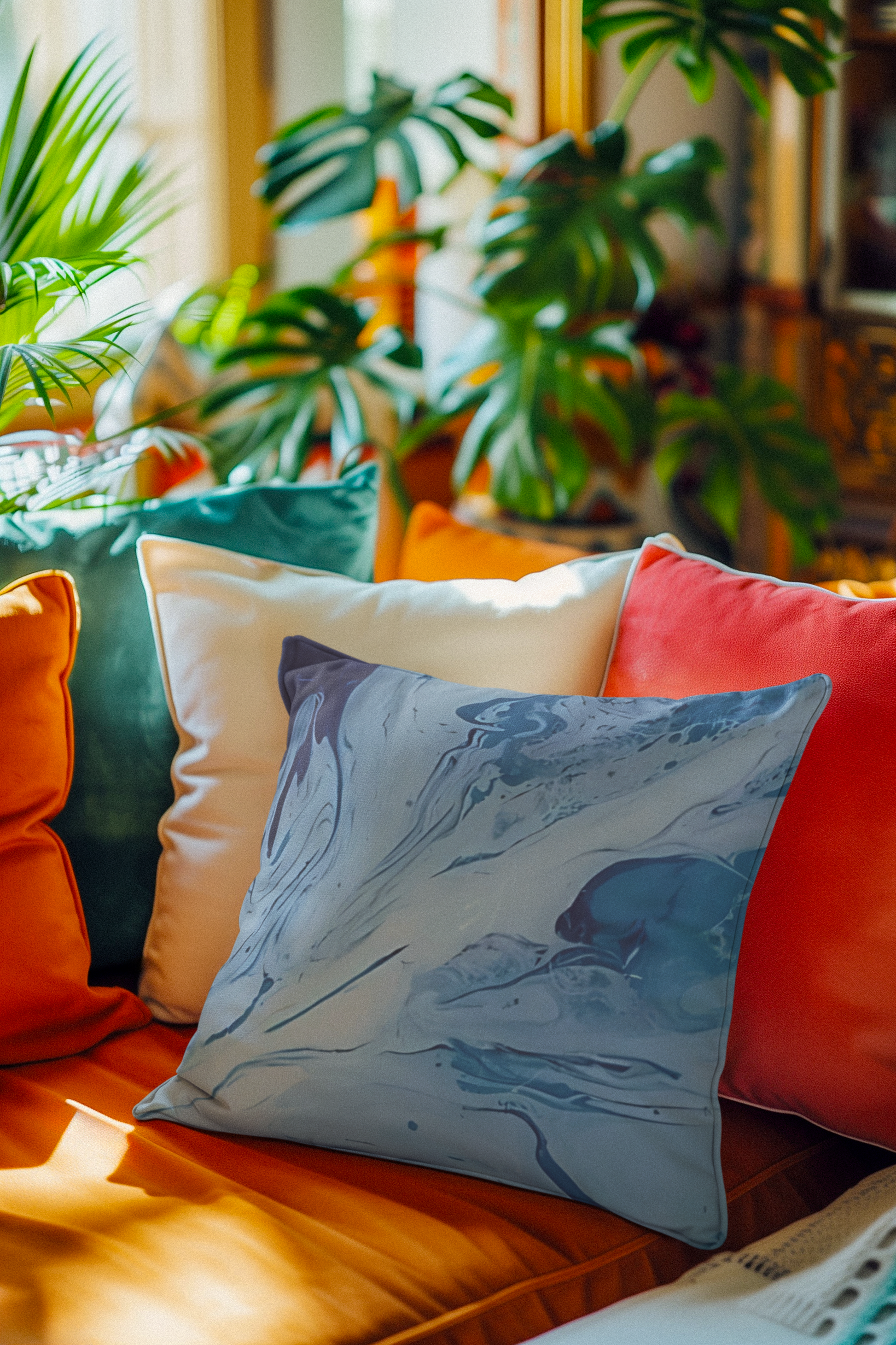 Colorful pillows on a couch with plants in the background