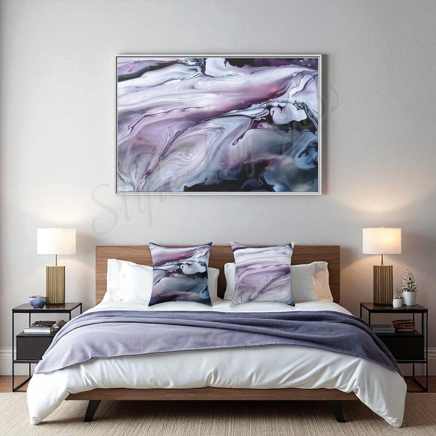 Modern bedroom with abstract art above the bed and two abstract art pillows on the bed that match. Style by Jess