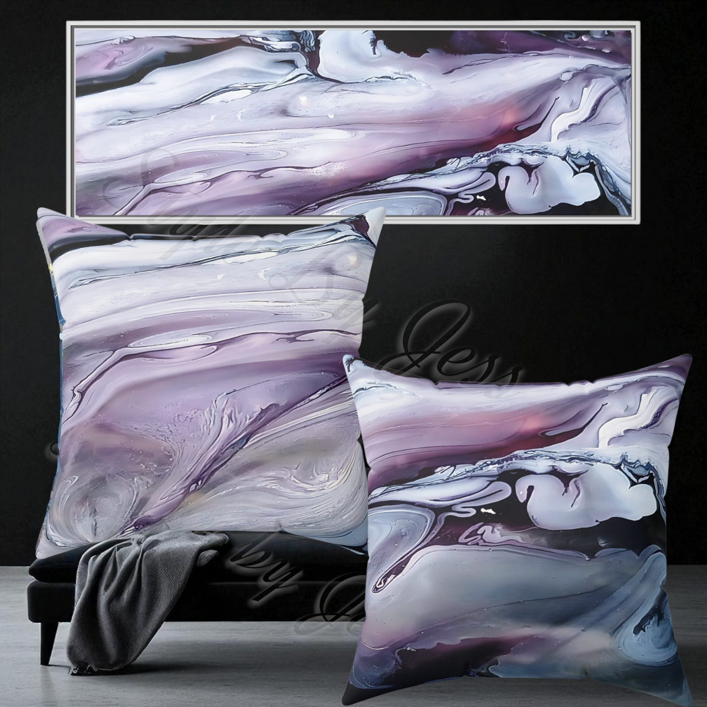 Marble-patterned pillows and blanket with abstract art in the background