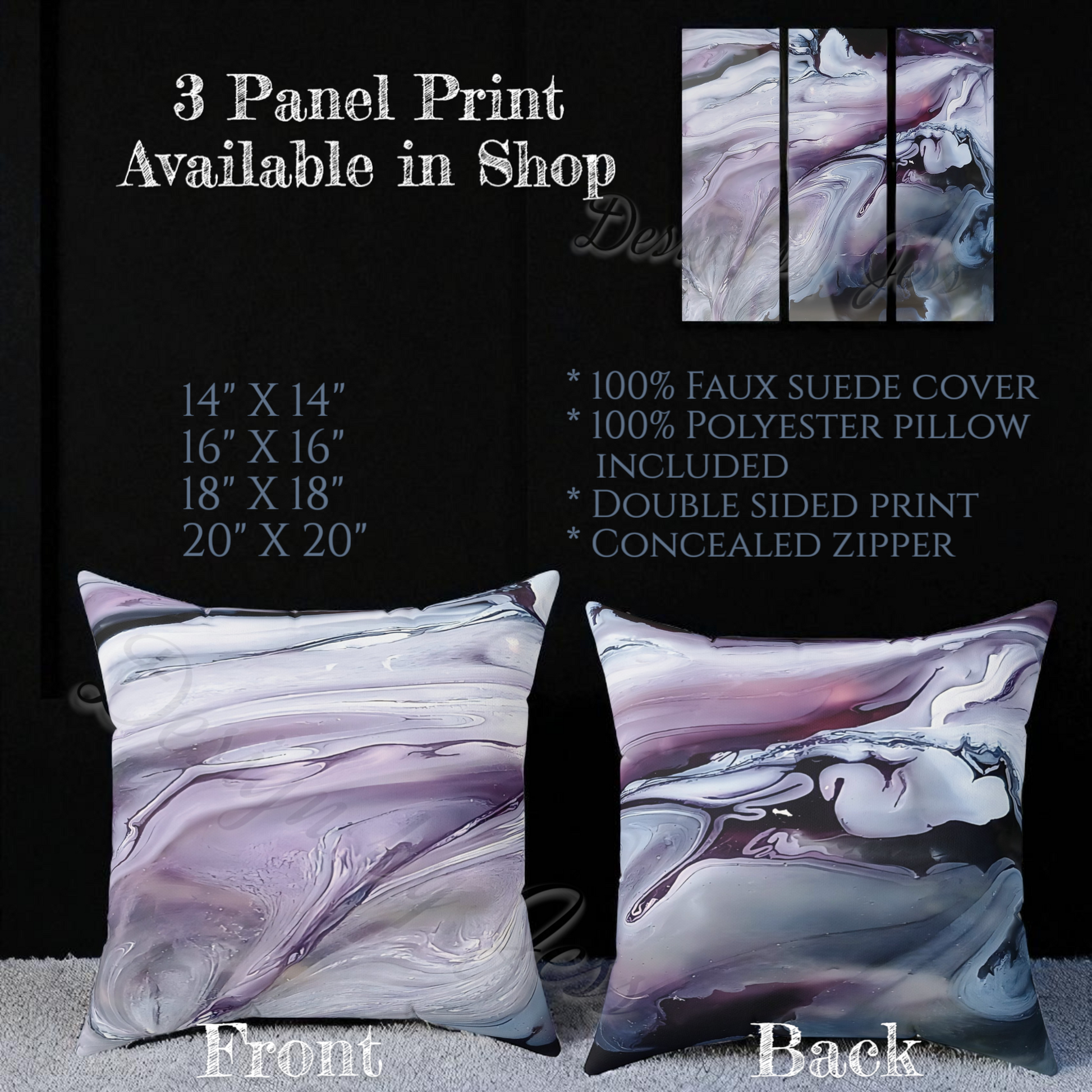 Two pillows with a marbled design on a black background, with text about product dimensions and features.