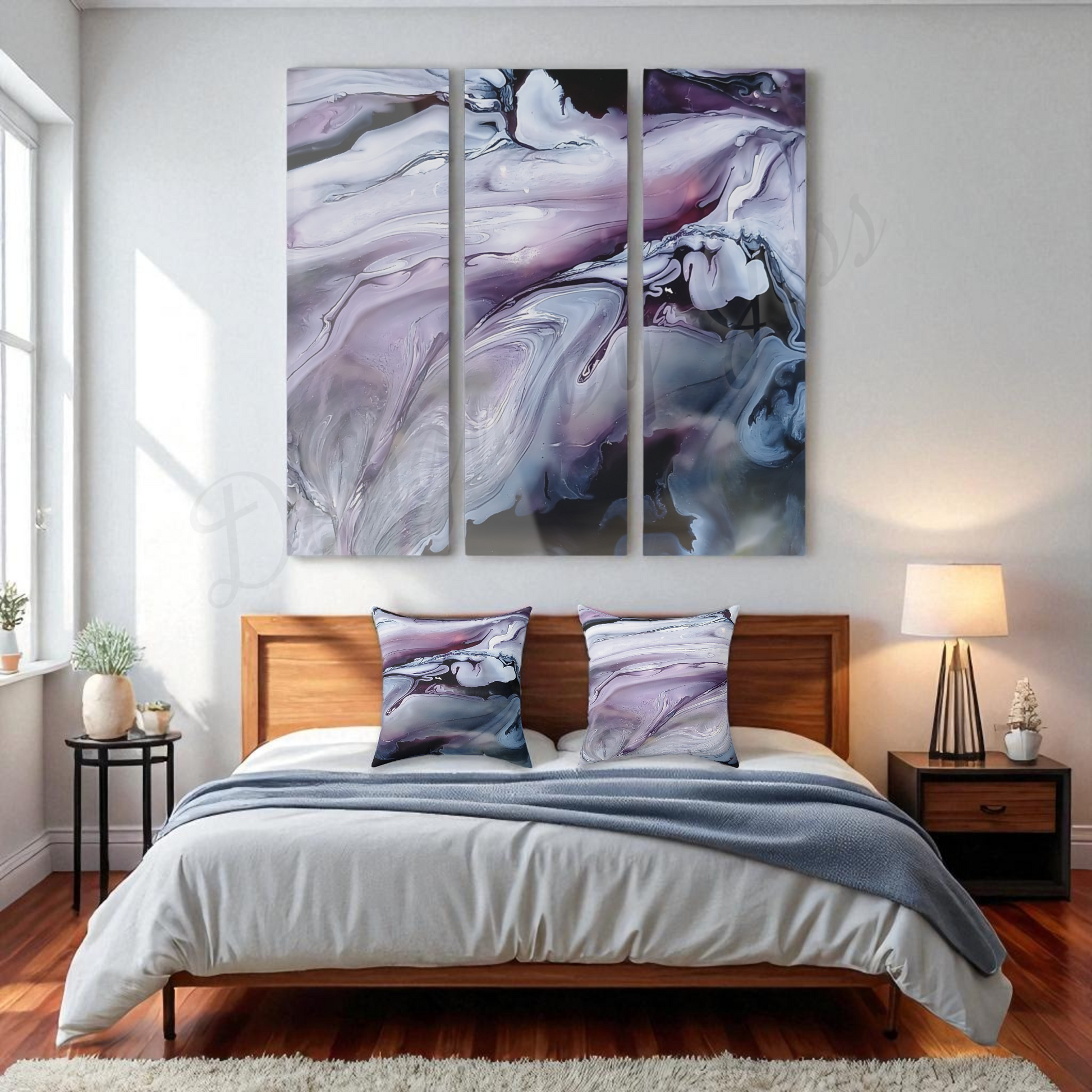 Bedroom with abstract wall art above a bed with the matching purple marble pattern pillows on the bed.