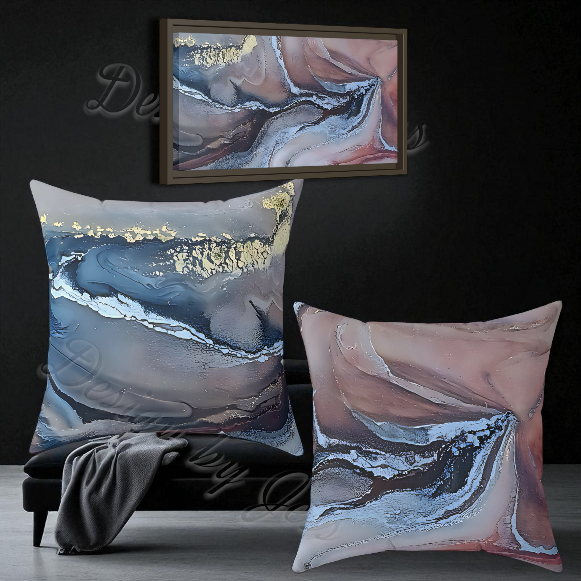 Two abstract-patterned pillows on a chair with a matching painting above.