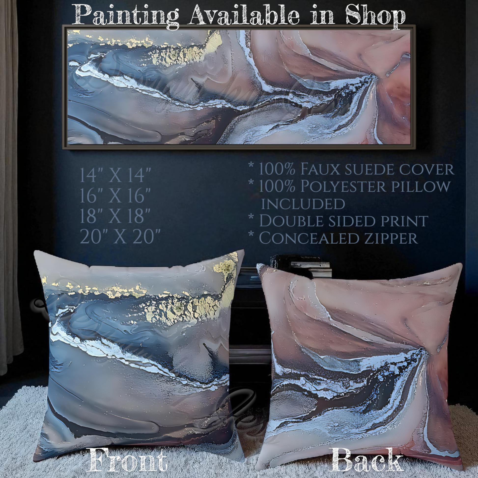 Two abstract patterned pillows with a painting in the background and text about product details.