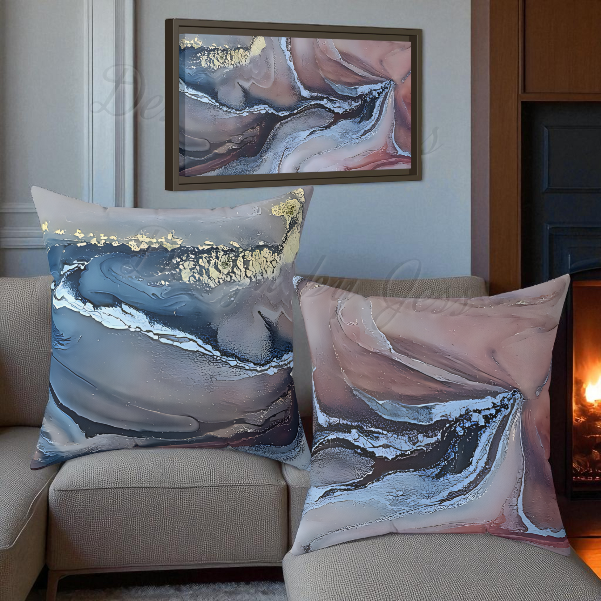 Decorative pillows with abstract designs on a couch in a living room setting.