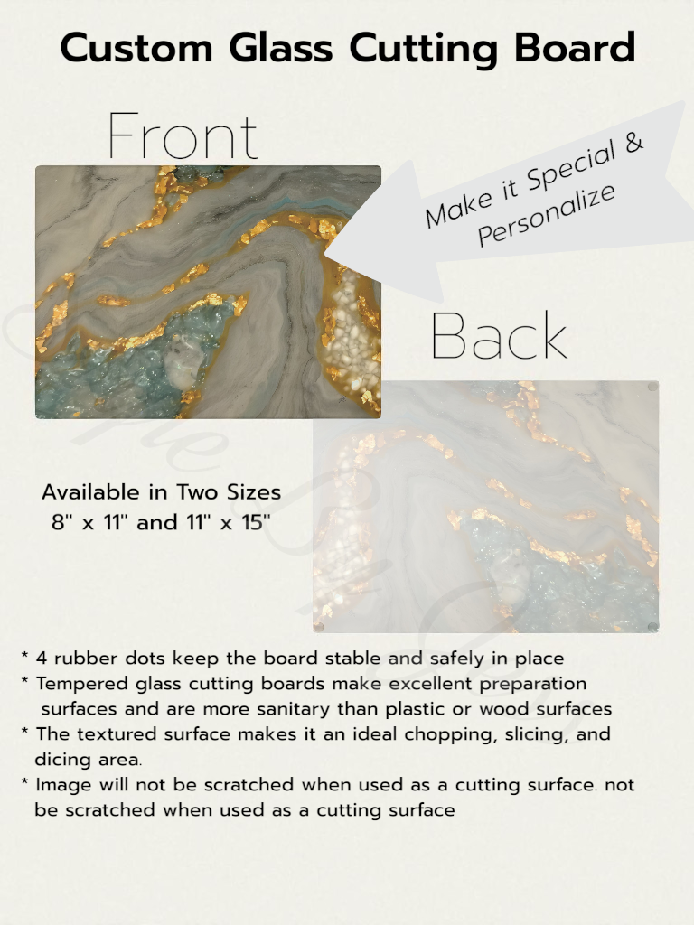 Specifications for custom glass cutting board with front and back views, size options, and features.