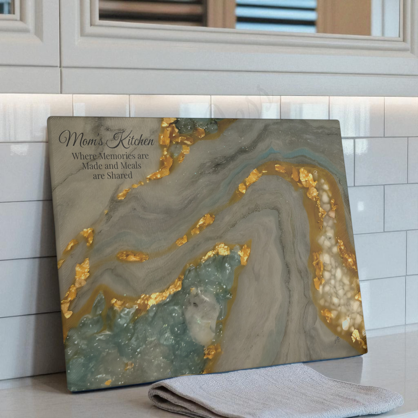 Decorative wall art with gold and green accents in a kitchen setting personalized.