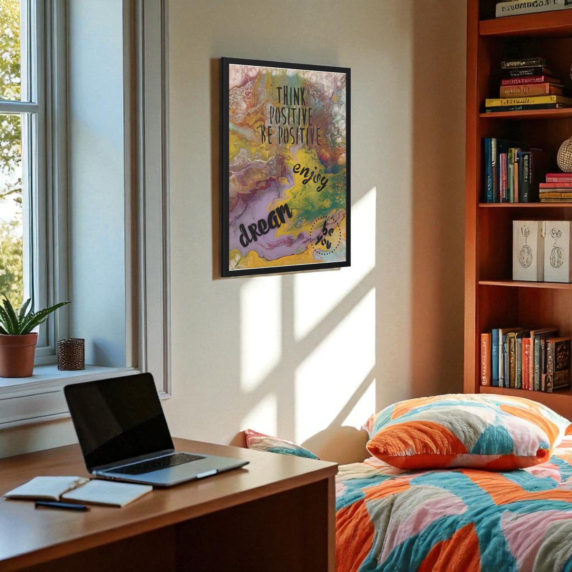 Room interior with a desk, laptop, books, and motivational poster.