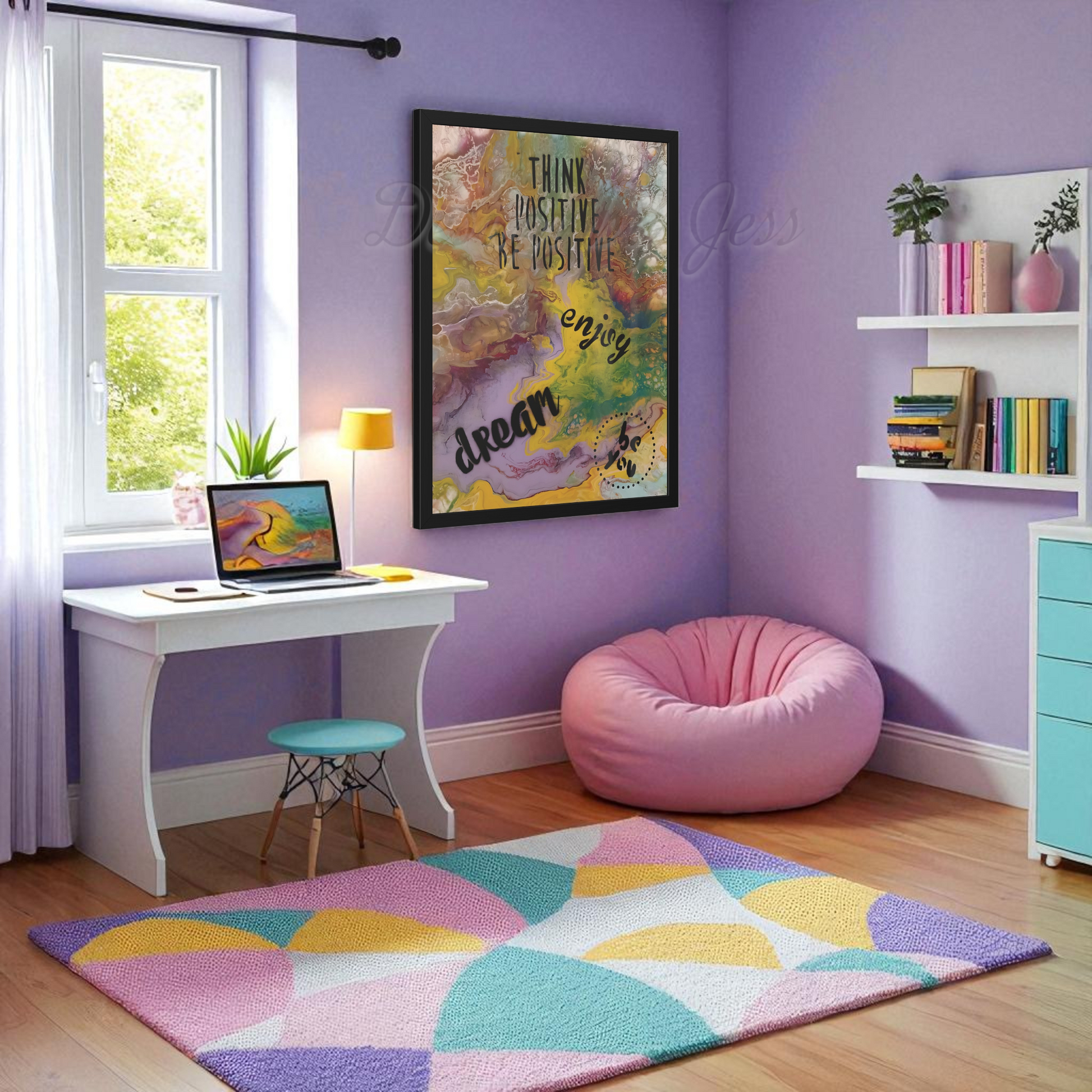 Children's room with purple walls, a desk, laptop, pink bean bag chair, affirmation wall art and colorful rug.