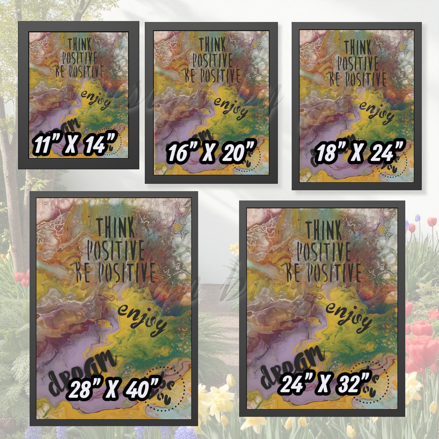 Set of framed art prints with motivational phrases and sizes displayed.