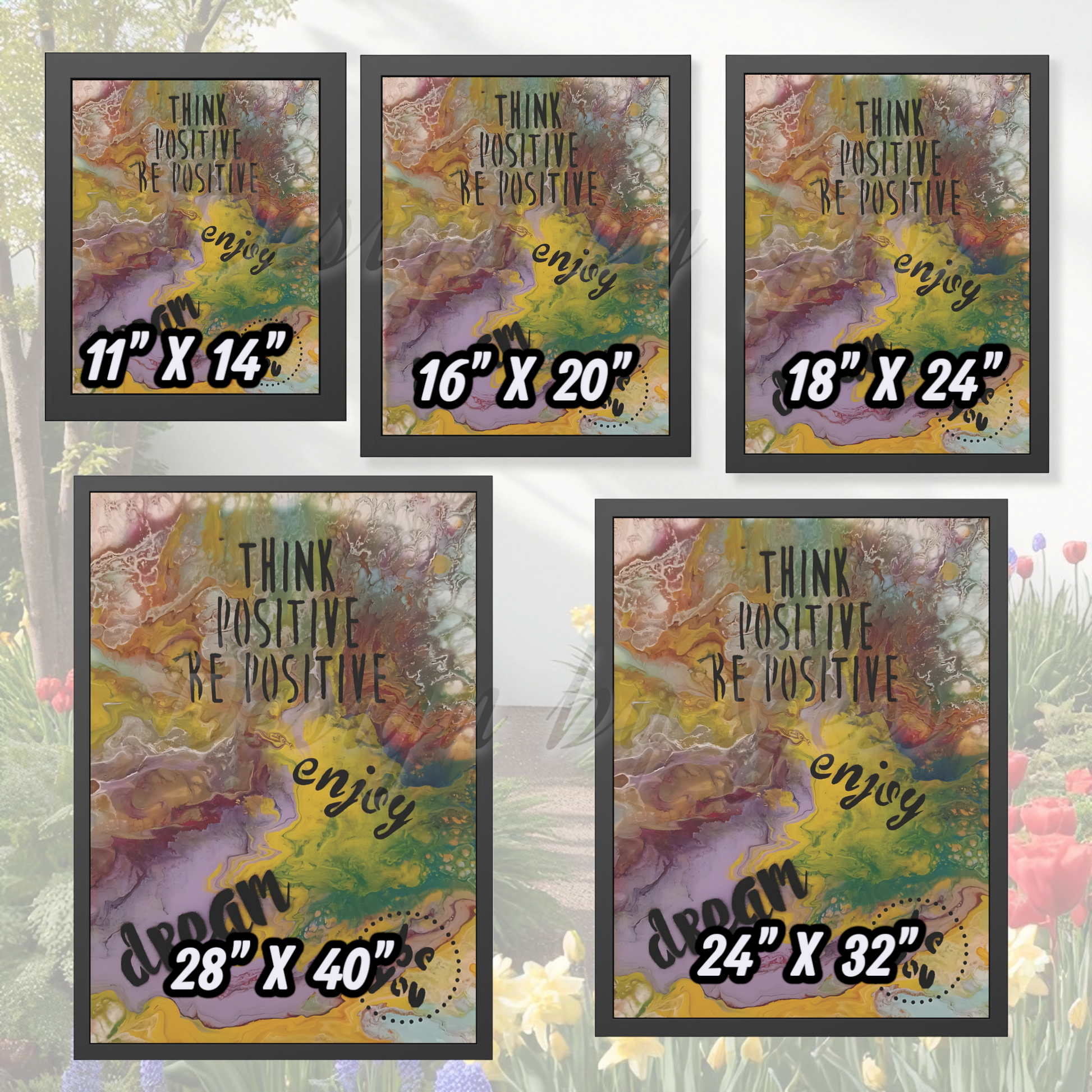 Set of framed art prints with motivational phrases and sizes displayed.