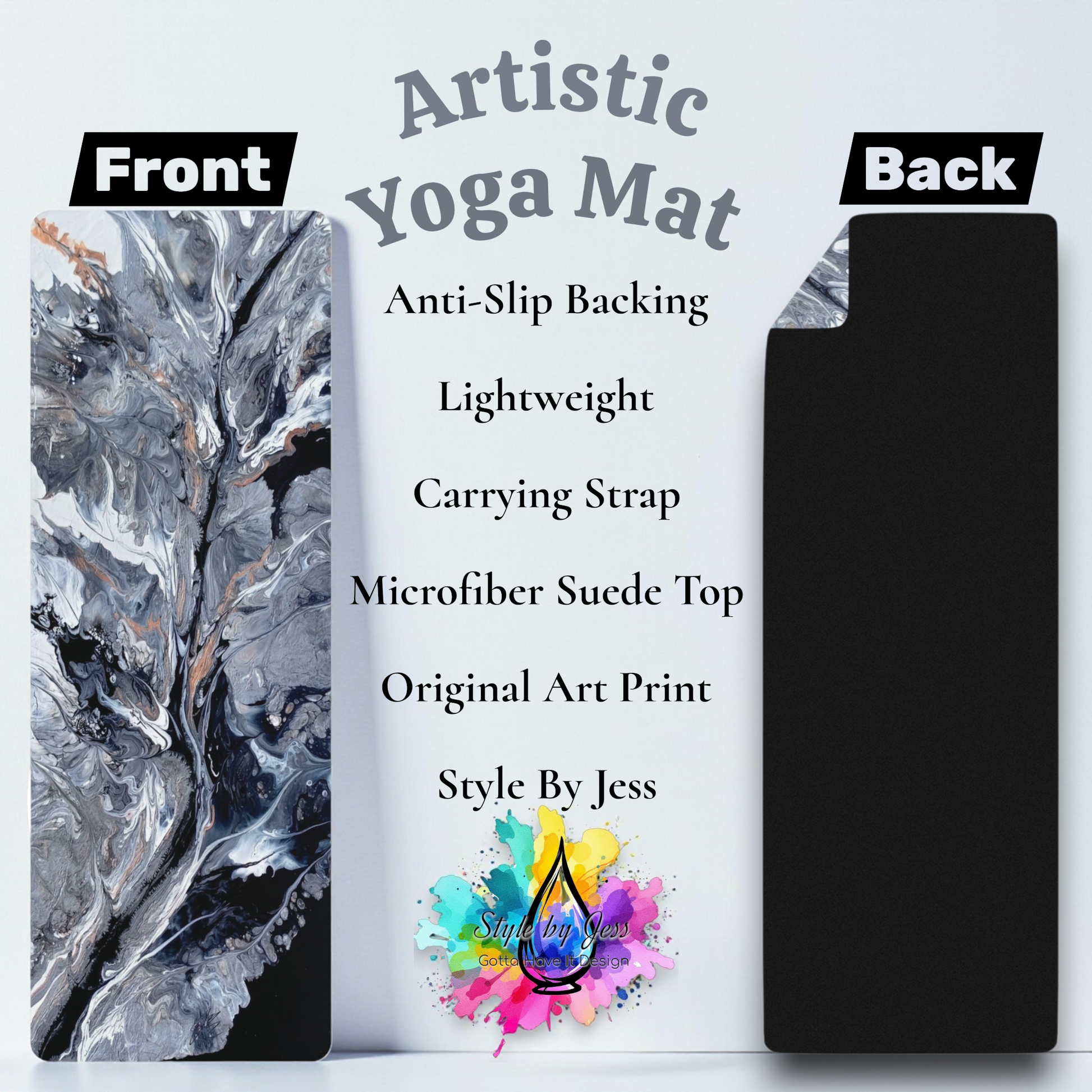 Yoga mat with artistic design on front and black color on back, featuring text about features and brand.