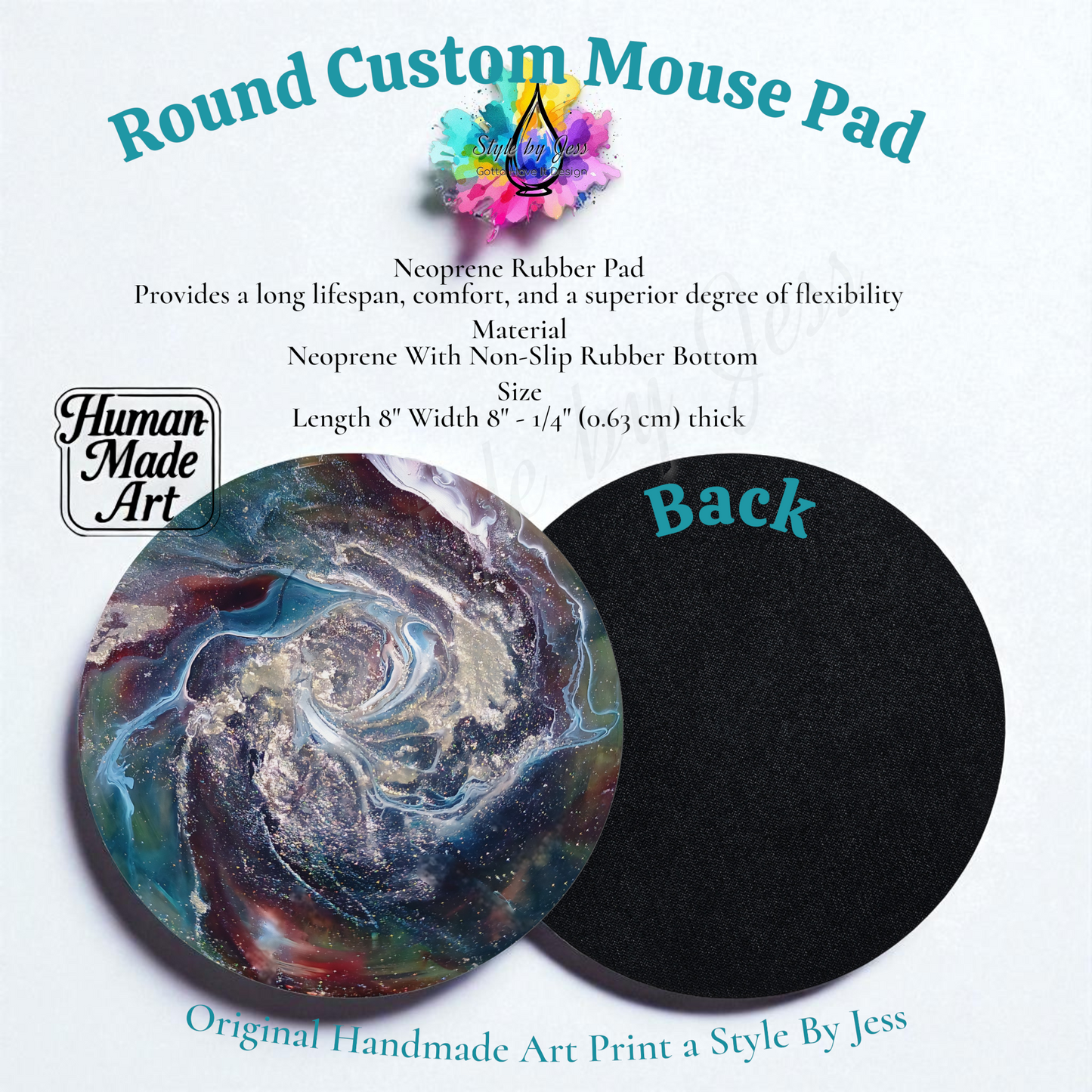 Round custom mouse pad with colorful design on one side and black backside, featuring 'Human Made Art' branding.